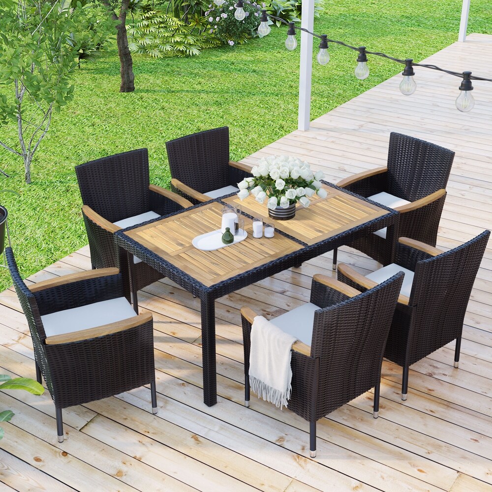 7 Piece Dining Sets and PE Rattan Steel Frame Armchair with Cushions  Patio Wicker Acacia Wood Dining Table  Black/ Natural