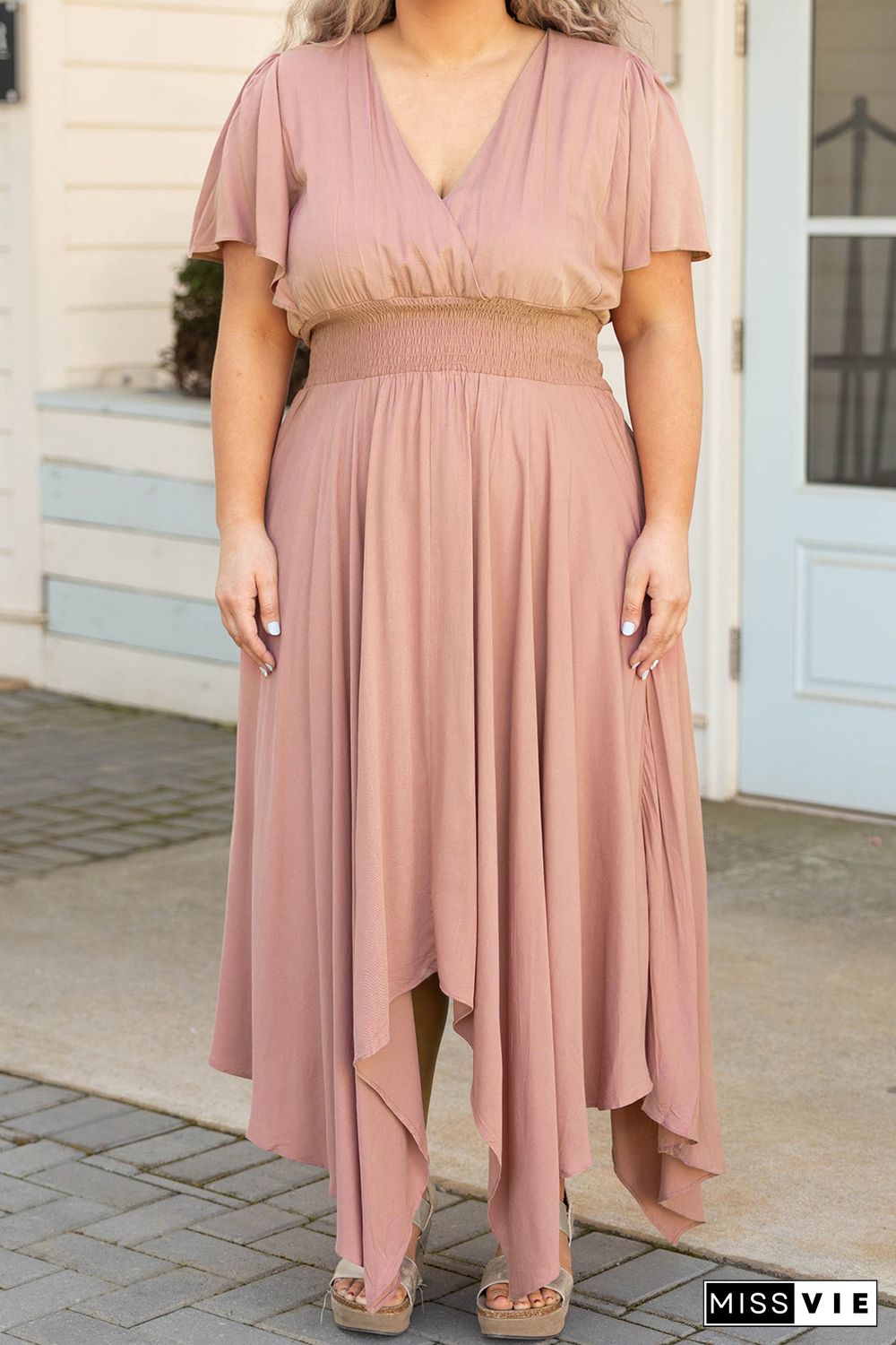 Pink Wrap V Neck Plus Size Handkerchief Dress