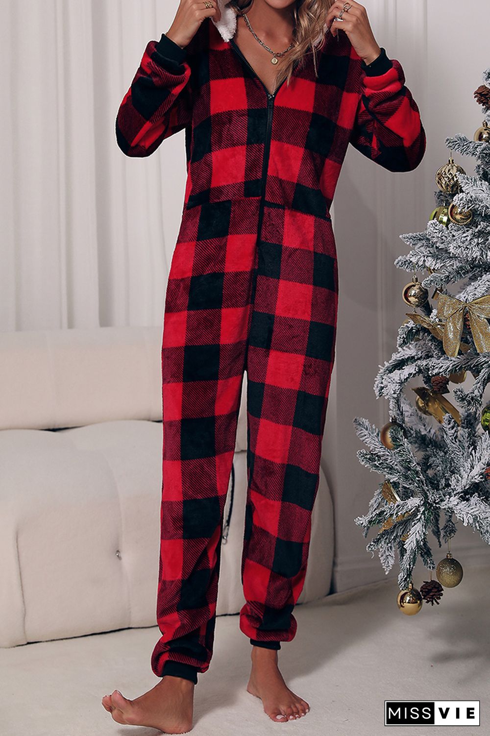 Red Buffalo Plaid Hooded Flannel Jumpsuit