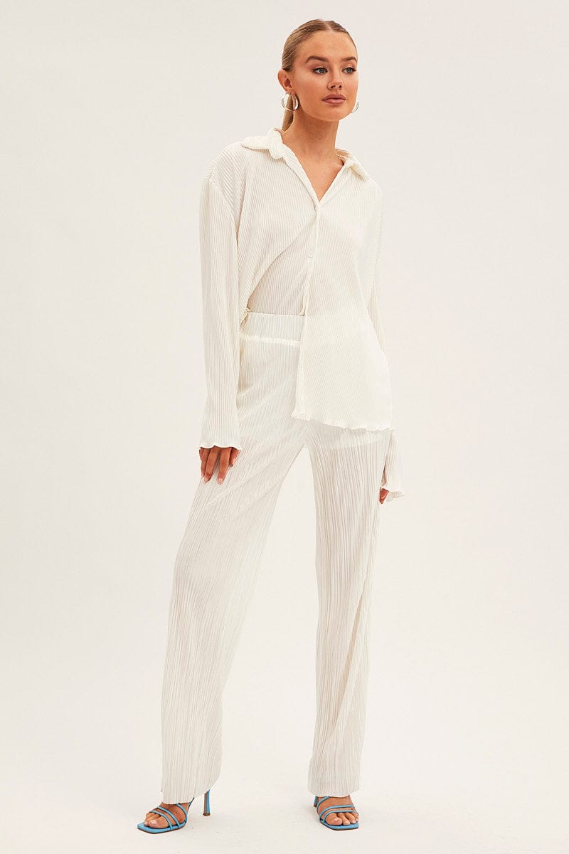 White Plisse Pants Wide Leg