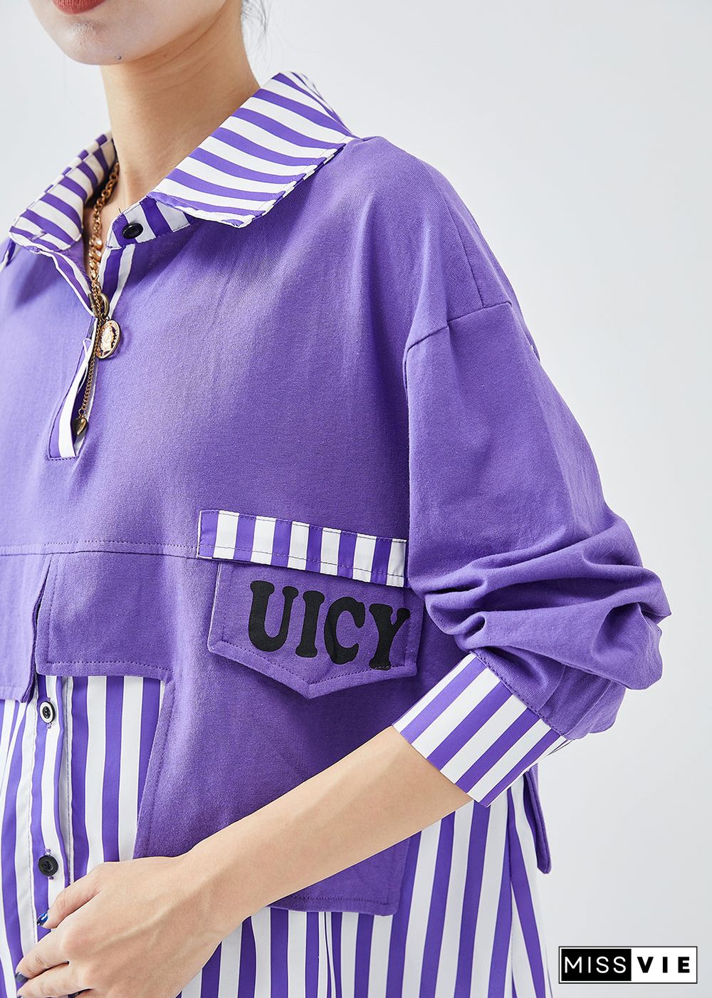 French Purple Oversized Patchwork Striped Cotton Sweatshirt Fall