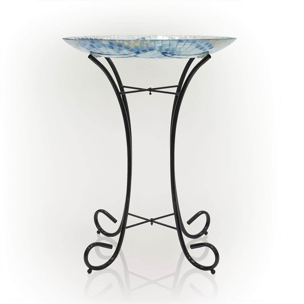 Alpine Corporation 24 in. Tall Outdoor Mosaic Style Glass Birdbath Bowl with Metal Stand, Blue HMD102A