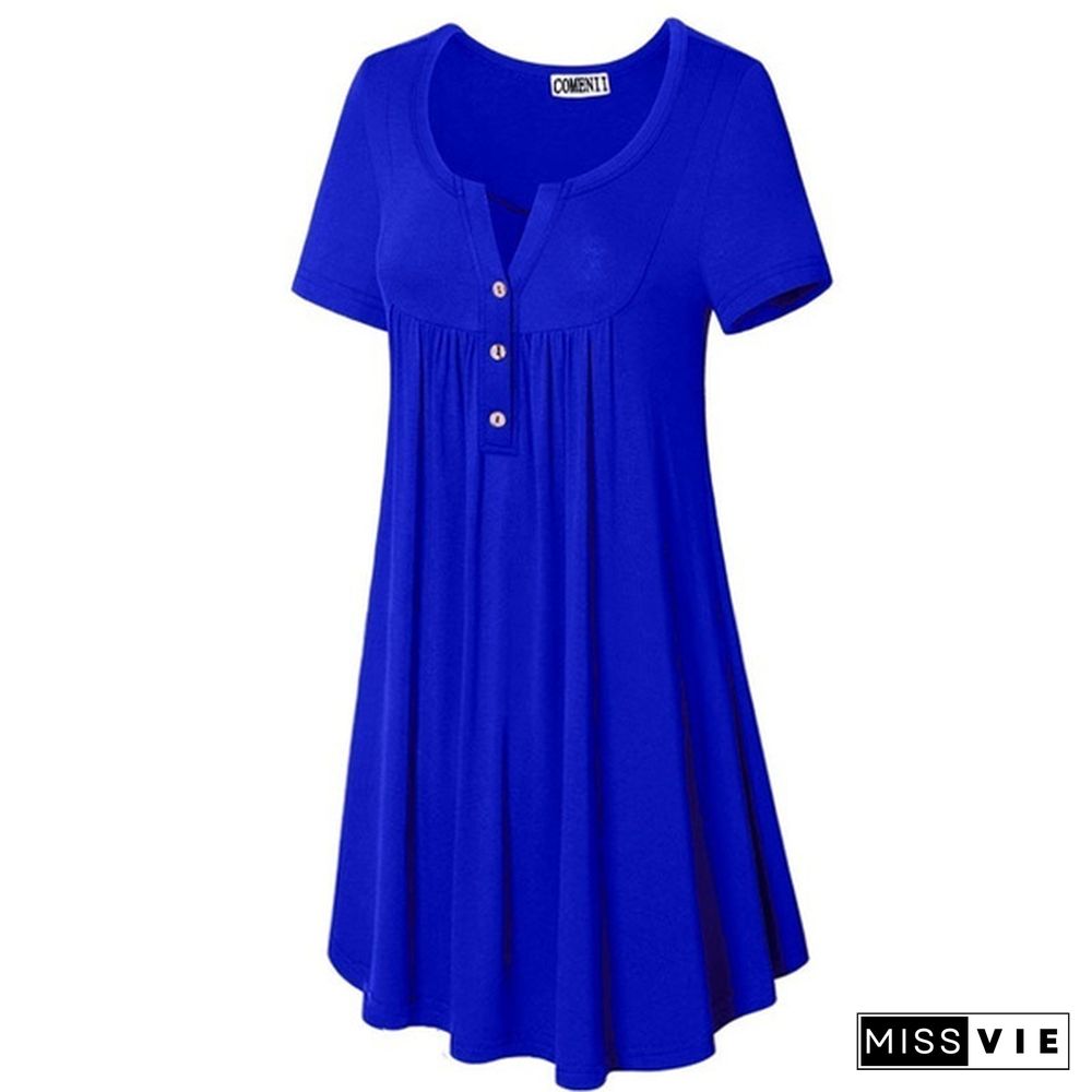 XS-8XL Plus Size Summer Women's Fashion Short Sleeve Cotton Tunic Dresses Casual Deep V-neck Mini Party Dress Pleated Solid Color Ruffles Pockets Beach Dress