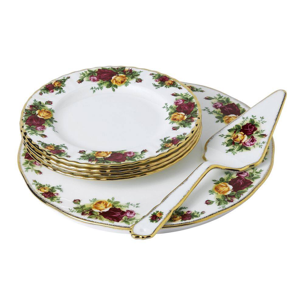 ROYAL ALBERT Old Country Roses 1 Tier Multi-Colored Bone China Cake Stand 6 Piece Set 1051422