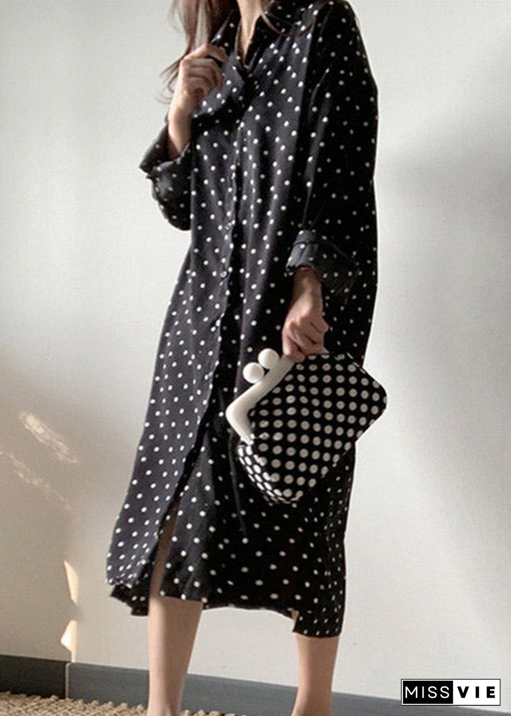 Black Dot Side Open Maxi Dress Long Sleeve