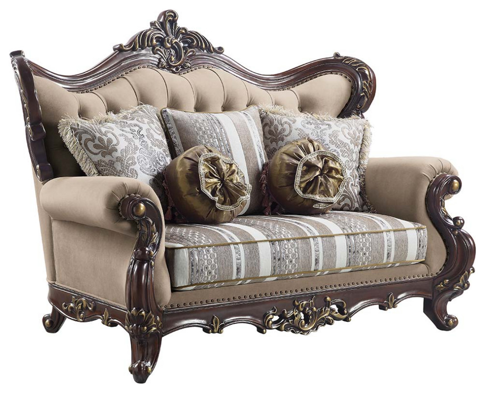 Acme Ragnar Loveseat With 5 Pillows Light Brown Linen and Cherry Finish   Victorian   Loveseats   by AMOC  Houzz