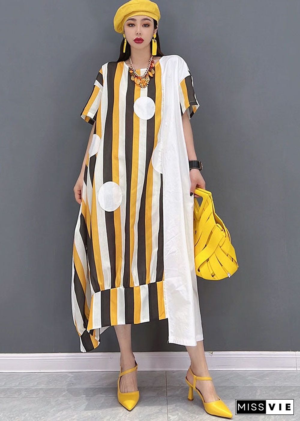 Chic Yellow Asymmetrical Striped Print Patchwork Cotton Maxi Dresses Short Sleeve