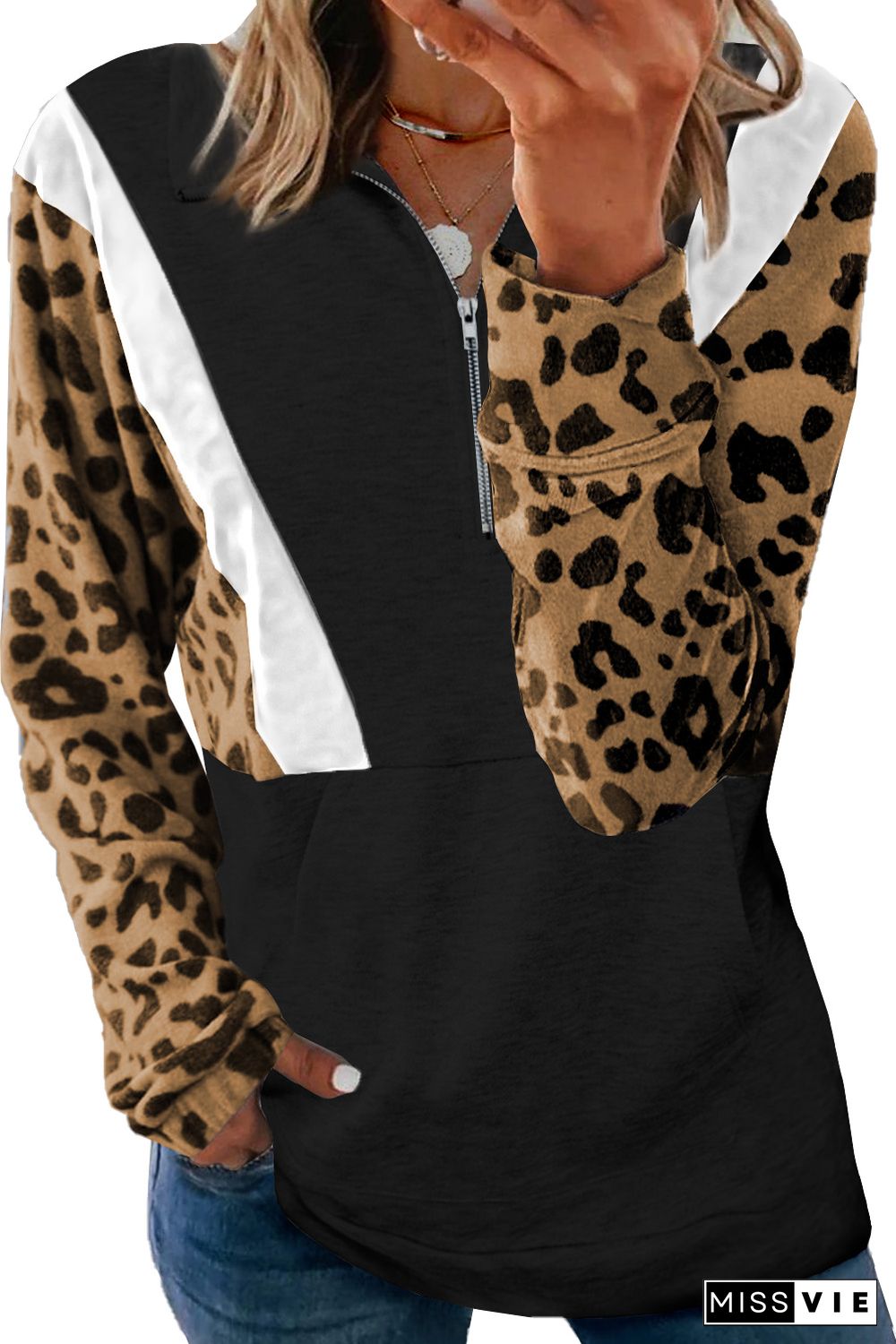 Black Pocketed Half Zip Leopard Pullover Sweatshirt