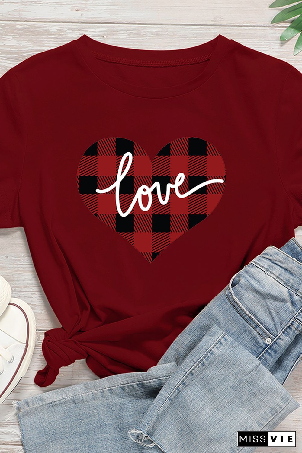 VALENTINE'S DAY Plaid Heart Graphic Tee Short Sleeve T shirts Top Wholesale