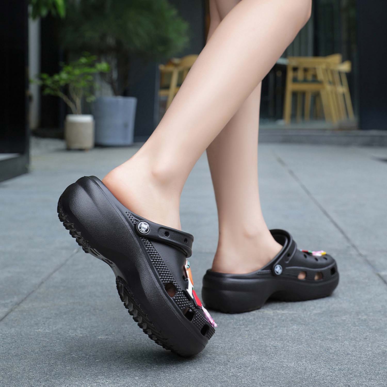 Platform Clogs Gardener Shoes Garden Clog Slippers for Women Platform Slides Hight Heels Mules Comfortable Breathable Lightweight Slip on Wedge Sandals Slides Slippers with Charms 2 in Black 41