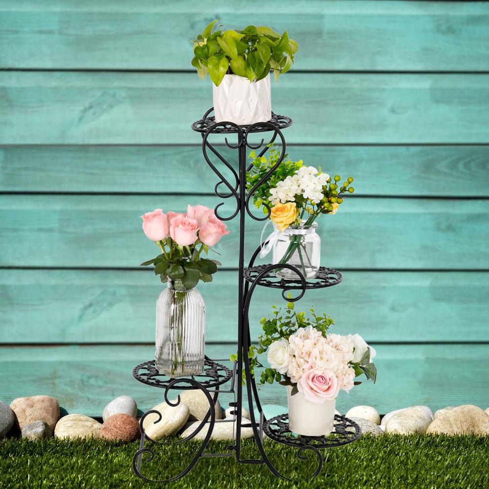 SalonMore 4-Tier Fleur-de-lis Pattern Round Panel Metal Flower Pot Rack Plant Display Stand Shelf Holder Decor