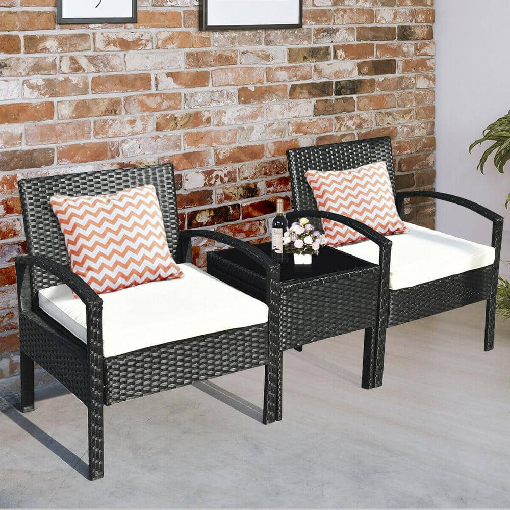 Gymax 3-Pieces Patio Rattan Furniture Set Conversation Sofa with White Cushion Coffee Table Garden GYM04554