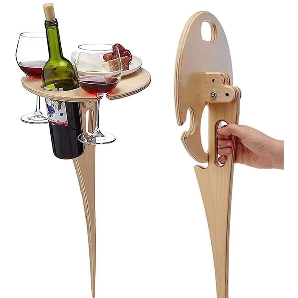 Outdoor Wine Table Picnic， Holder Portable Folding Wine with Round Desktop Wooden Picnic Table for Outdoor Picnic Wine Glass Holders， Gardening， Travel， Camping， BBQ， Party