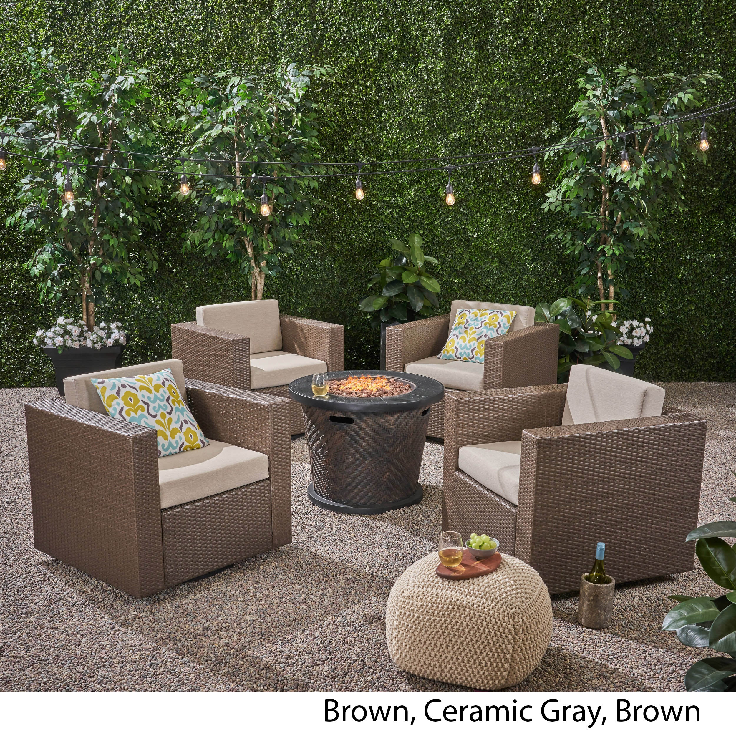 Liyam Outdoor 4 Piece Wicker Swivel Chair Set with Fire Pit, Brown and Brown