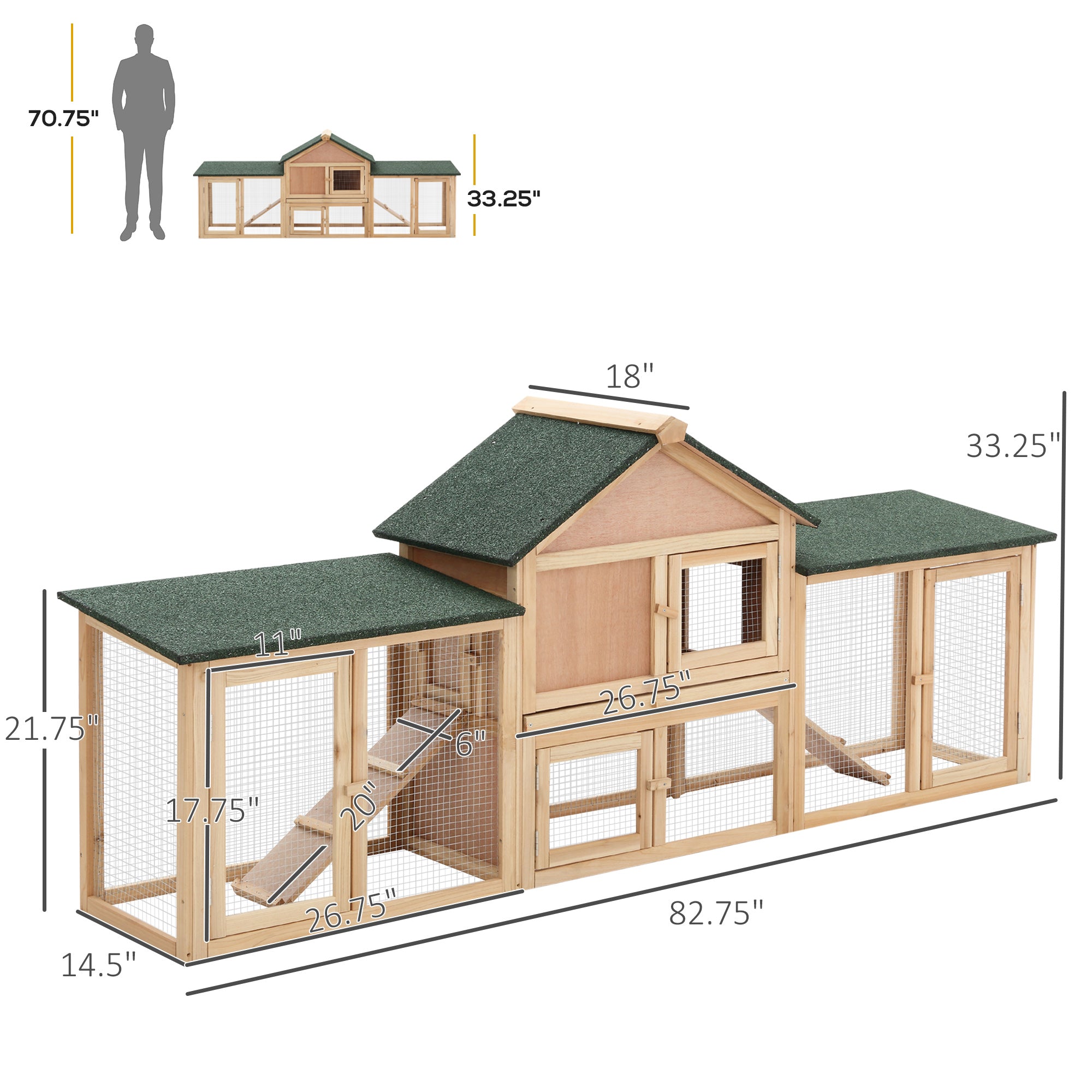 Pawhut Rabbit Hutch with Run Area Ladder Removable Tray， 83