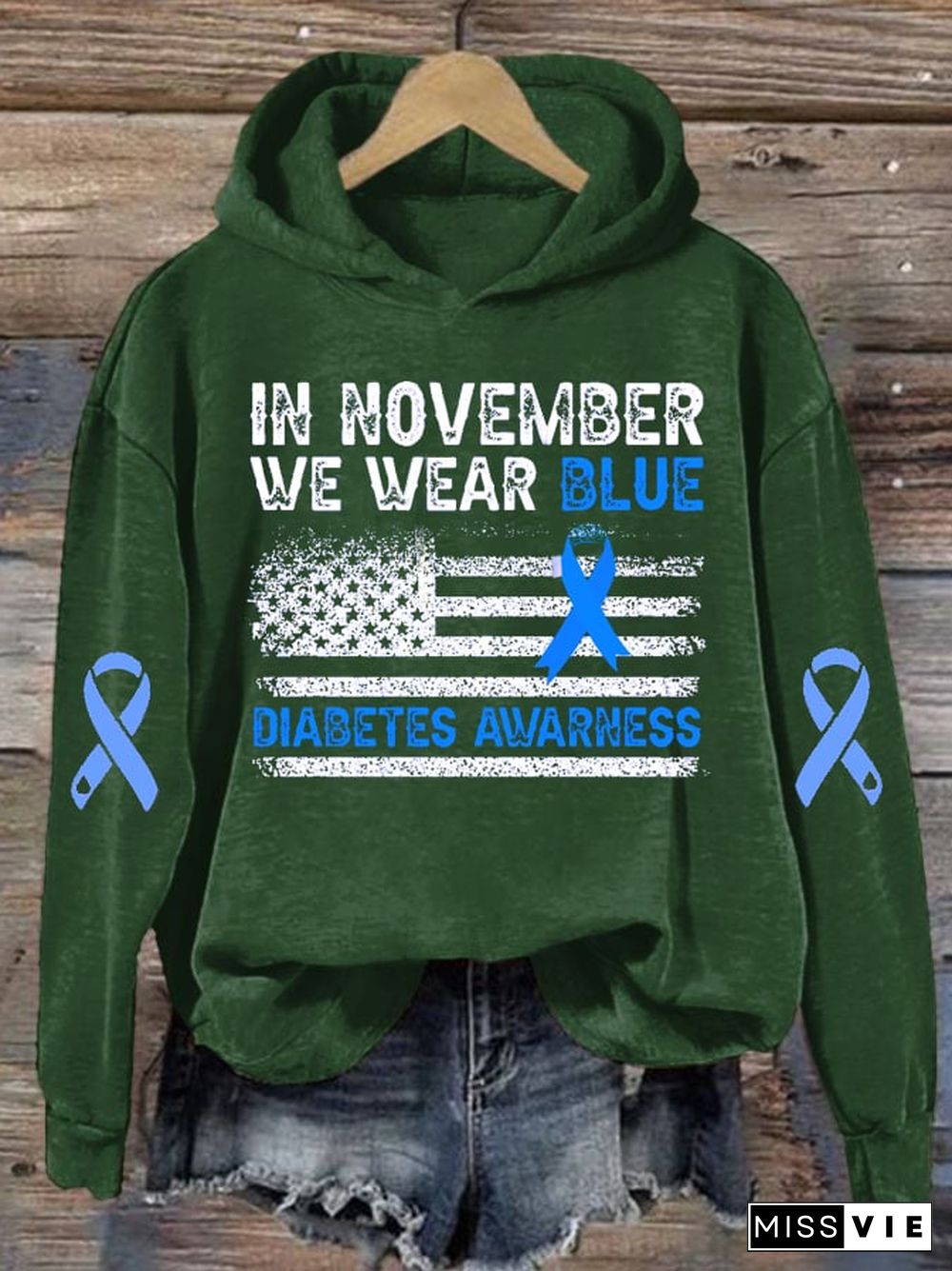 Women's In November We Wear Blue Diabetes Awareness Print Hoodie Long Sleeve Sweatshirt