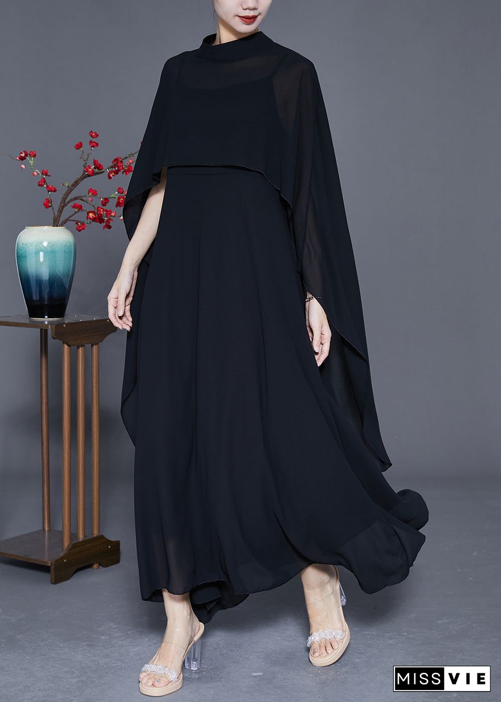 DIY Black Stand Collar Exra Large Hem Chiffon Dress Two Pieces Set Summer