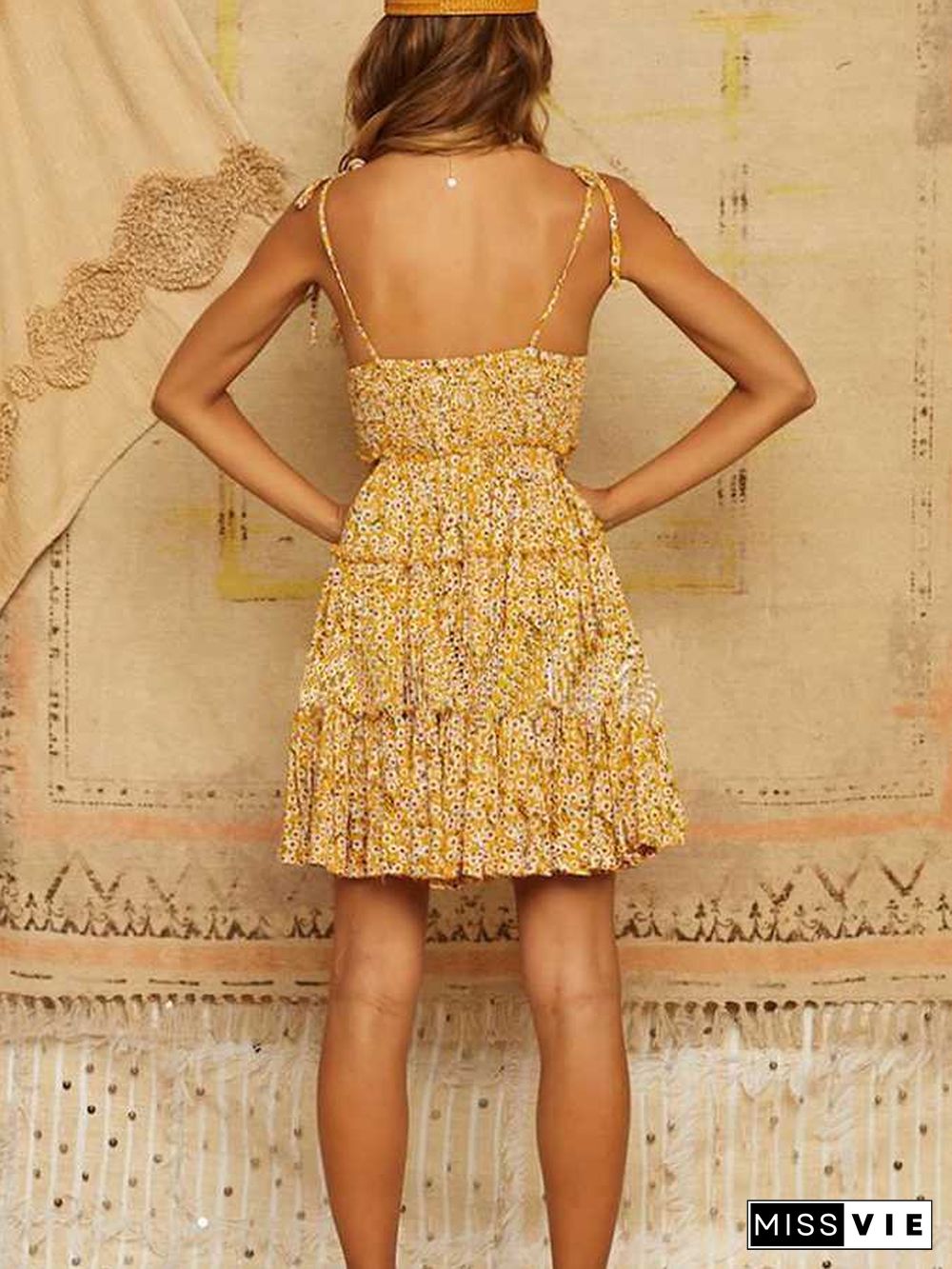 Mustard Yellow Floral Tie Shoulder Ruffle Dress With Frills at bottom