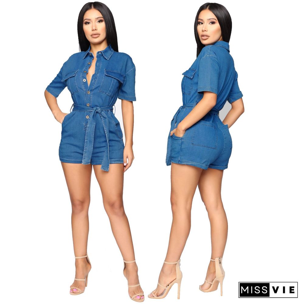 Short Sleeve Button Down Denim Rompers with Belt