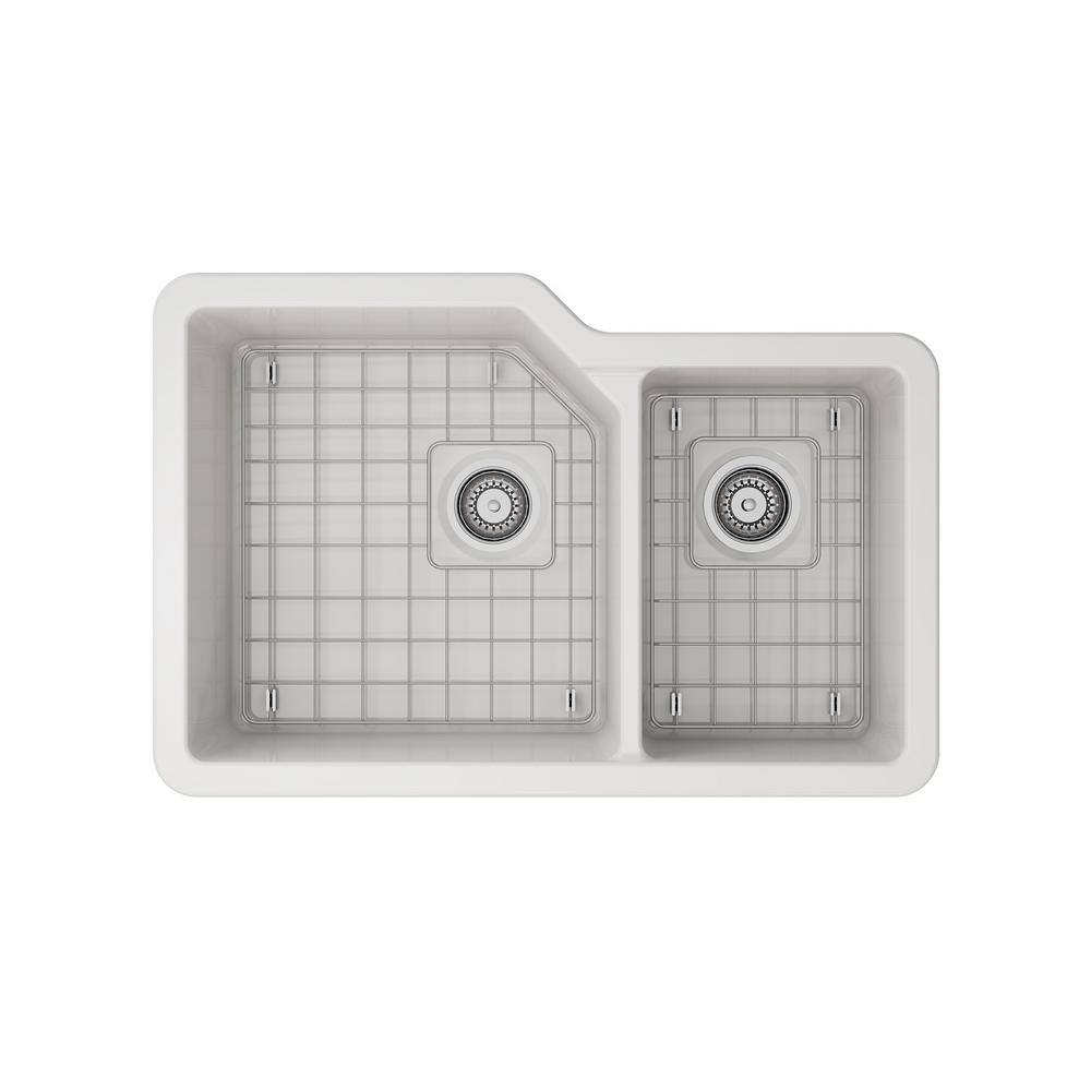 BOCCHI Sotto White Fireclay 33 in. 6040 Double Bowl Dual-Mount Kitchen Sink w Protective Bottom Grids and Strainers 1506-001-0120