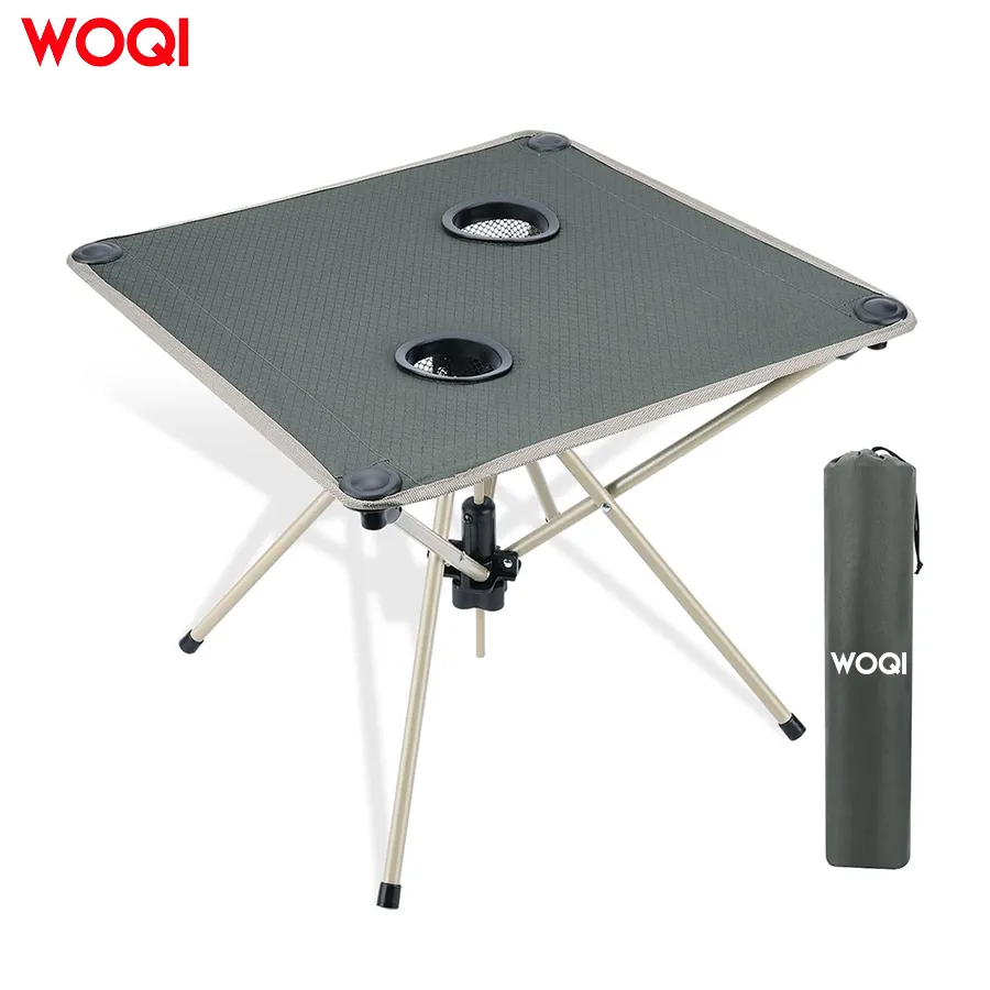 WOQI portable folding camping table  compact and lightweight hiking table with 2 cup holders  used for camping   fishing