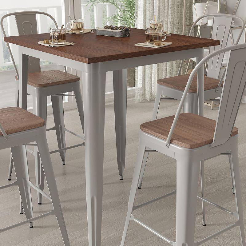 Merrick Lane 5 Piece Indoor Metal Bar Height Table Set， 31.5 Square Silver Table with Wood Top and 4 Vertical Slat Back Stools with Wood seats