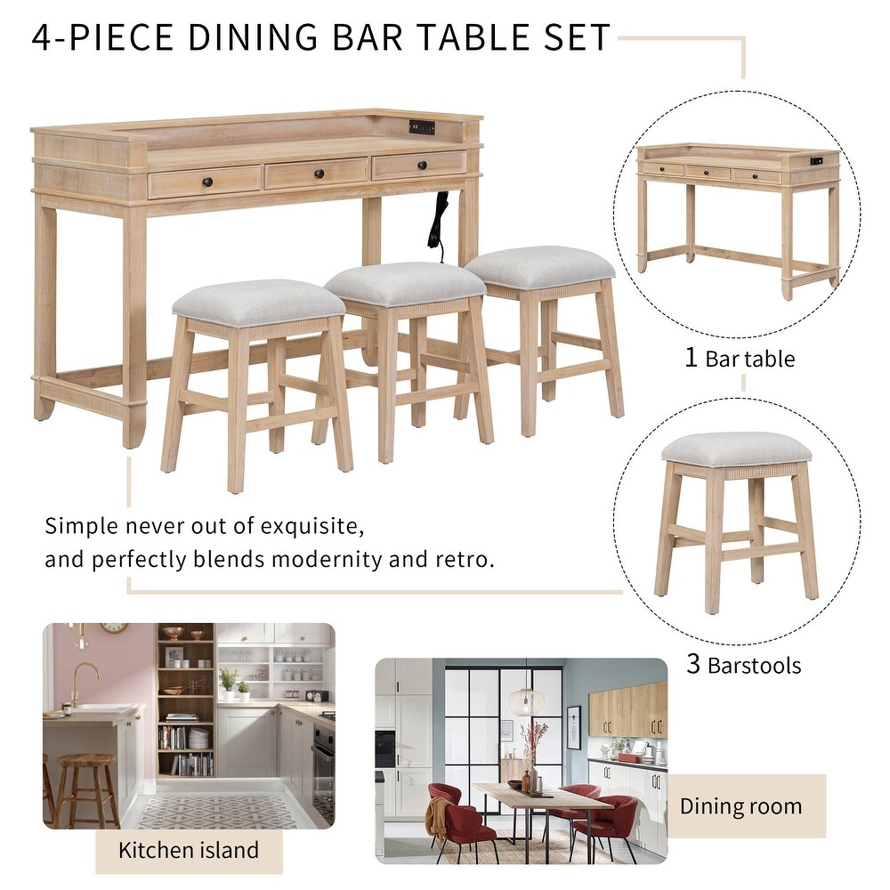 4 Piece Multifunctional Dining Table Set w/Stools   USB Port   Drawer