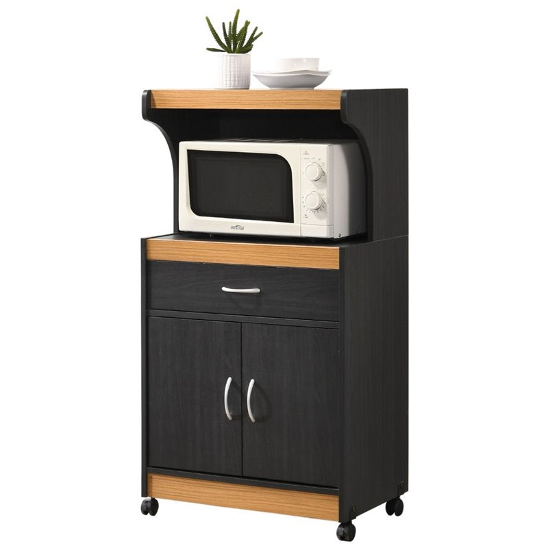 Pemberly Row Wood Microwave Kitchen Cart with Open Storage in Black Beech