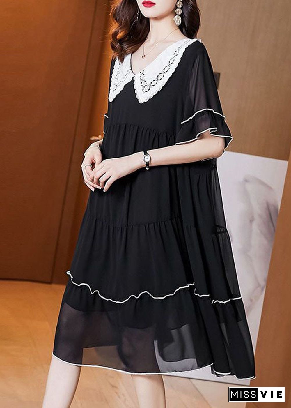 Fashion Black Peter Pan Collar Patchwork Chiffon Maxi Dresses Summer