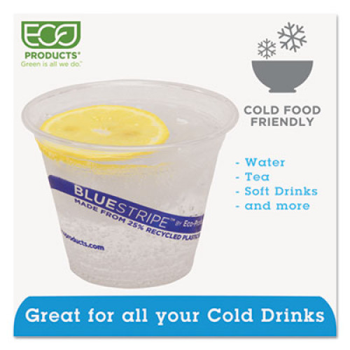 Eco-Products BlueStripe 25% Recycled Content Cold Cups， 9 oz， Clear/Blue， 50/Pack， 20 Packs/Carton (EPCR9)