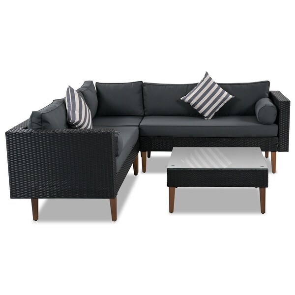 Elegant 4pieces Outdoor Wicker Sofa Set，Patio Furniture with Colorful Pillows，Lshape sofa set，Black cushions and Brown Rattan