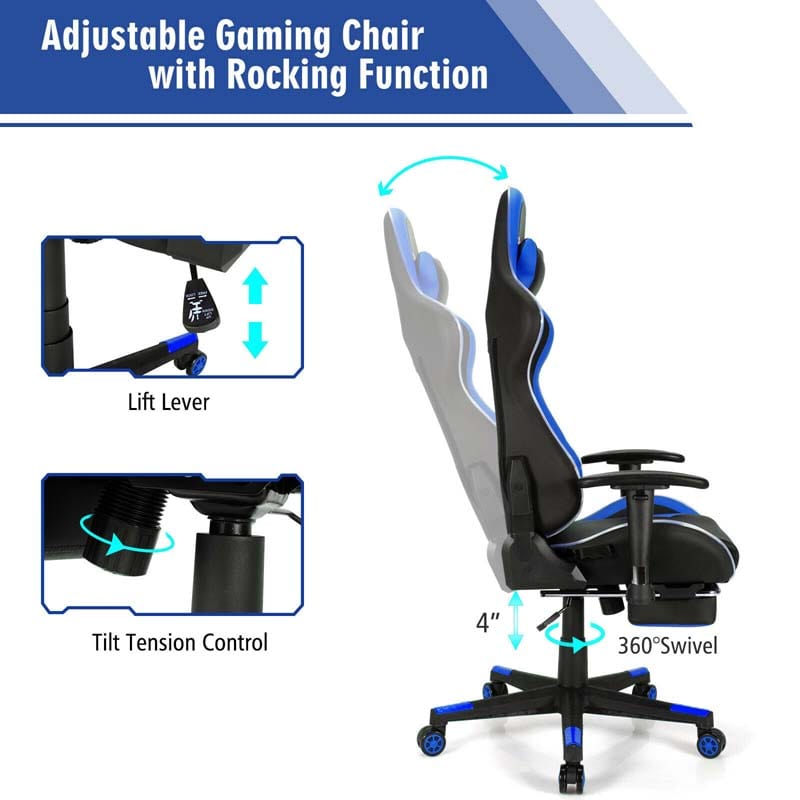 LED Massage Gaming Chair, Height Adjustable Racing Computer Office Chair with Footrest, Ergonomic High Back PU Swivel Game Chair