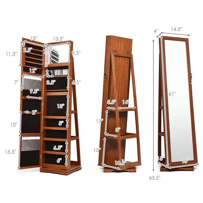 360 Rotating Jewelry Armoire with Higher Full Length Mirror, 3-in-1 Freestanding Lockable Jewelry Cabinet Organizer