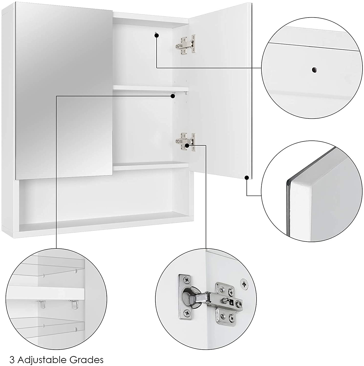 Homfa Medicine Cabinet with Shelf, 2 Door Wall Mount Storage Mirror Cabinet for Bathroom, White