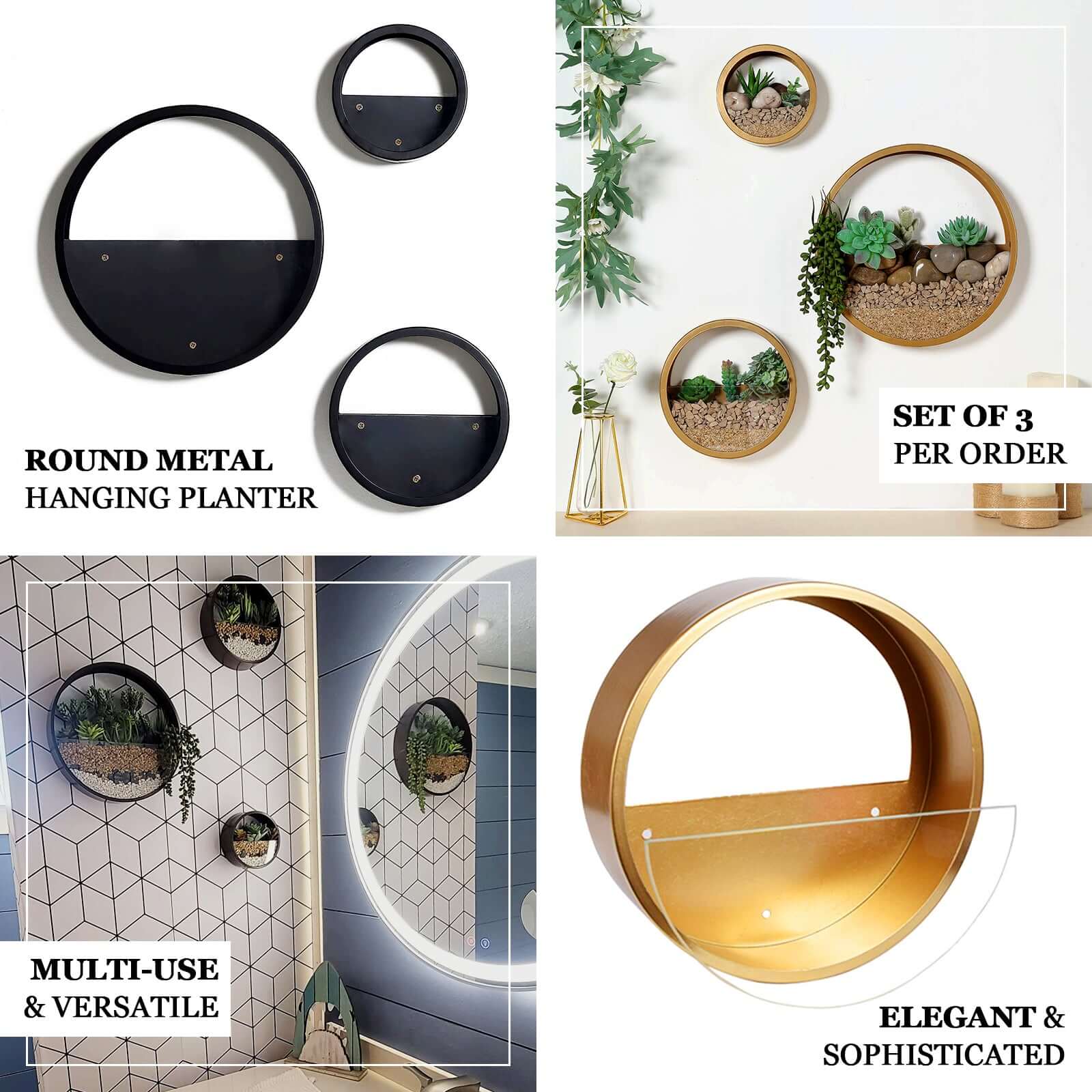 Set of 3 Black Half Moon Wall Planters, Round Metal Wall Hanging Planter, Modern Indoor/Outdoor Terrarium 6