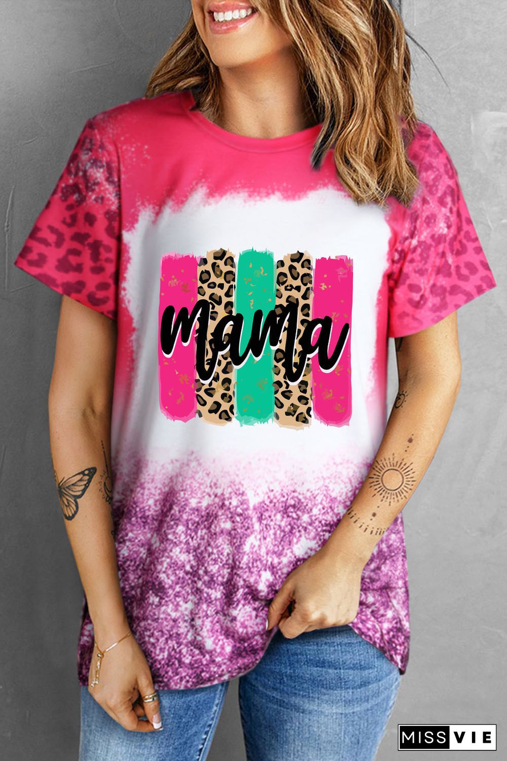 Pink Bleach mama Leopard Print Short Sleeve Round Neck Tee