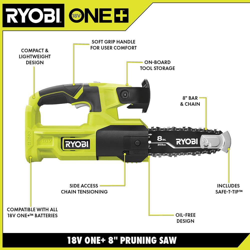 RYOBI ONE+ 18V 8 in. Cordless Battery Pole Saw and 8 in. Pruning Saw Combo Kit with 2.0 Ah Battery and Charger P20310