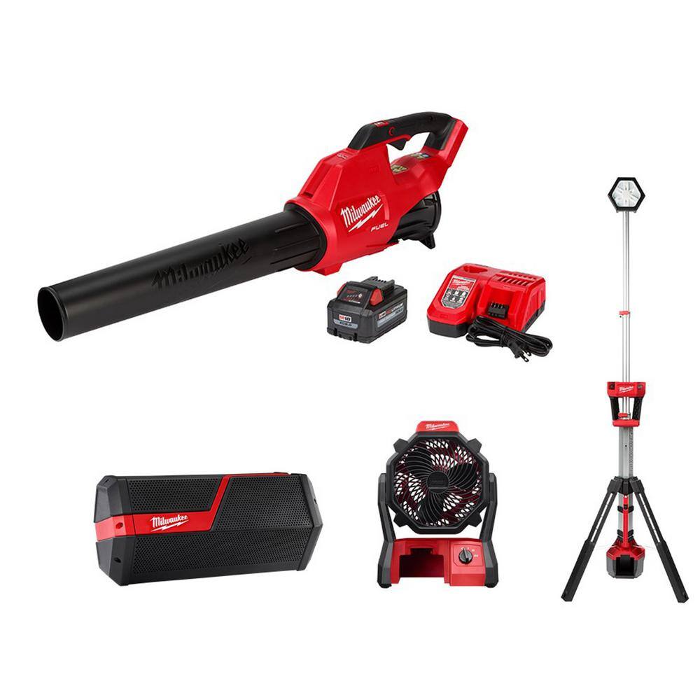 MW M18 FUEL 18 Volt Lithium Ion Brushless Cordless Handheld Blower 8.0Ah Kit Speaker Fan  Light Combo kit 4 Tool 2724-21HD-2891-20-0886-20-2131-20