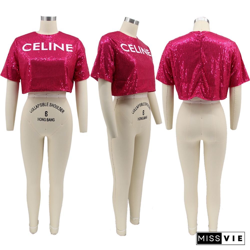 Explosive Sequined Letters Printed Short-sleeved Open-waist Sexy Top