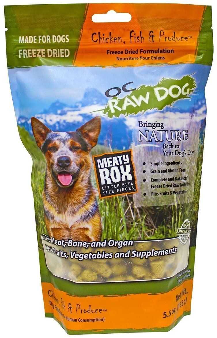 OC Raw Chicken Fish and Produce Meaty Rox Freeze Dried Formulation Dog