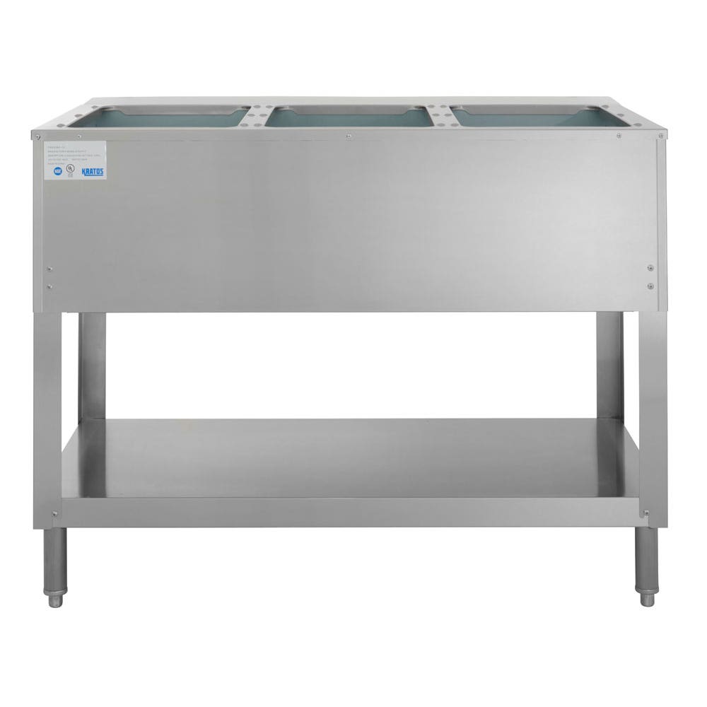 Kratos 28W-110 Stationary Three Pan Open Well Electric Steam Table with Undershelf， 120V， 1500W