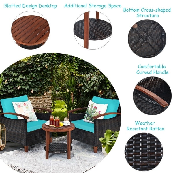 3Piece Patio Rattan Furniture Set with Solid Wood Frame