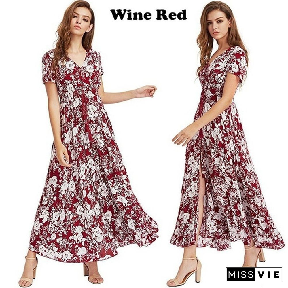 Womens Fashion Bohemian V Neck Print Big Swing Long Dress Plus Size