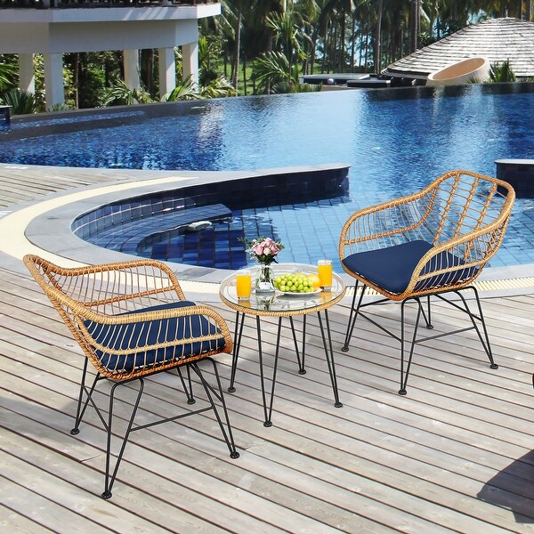 Costway 3PCS Patio Rattan Bistro Furniture Set Cushioned Chair Table