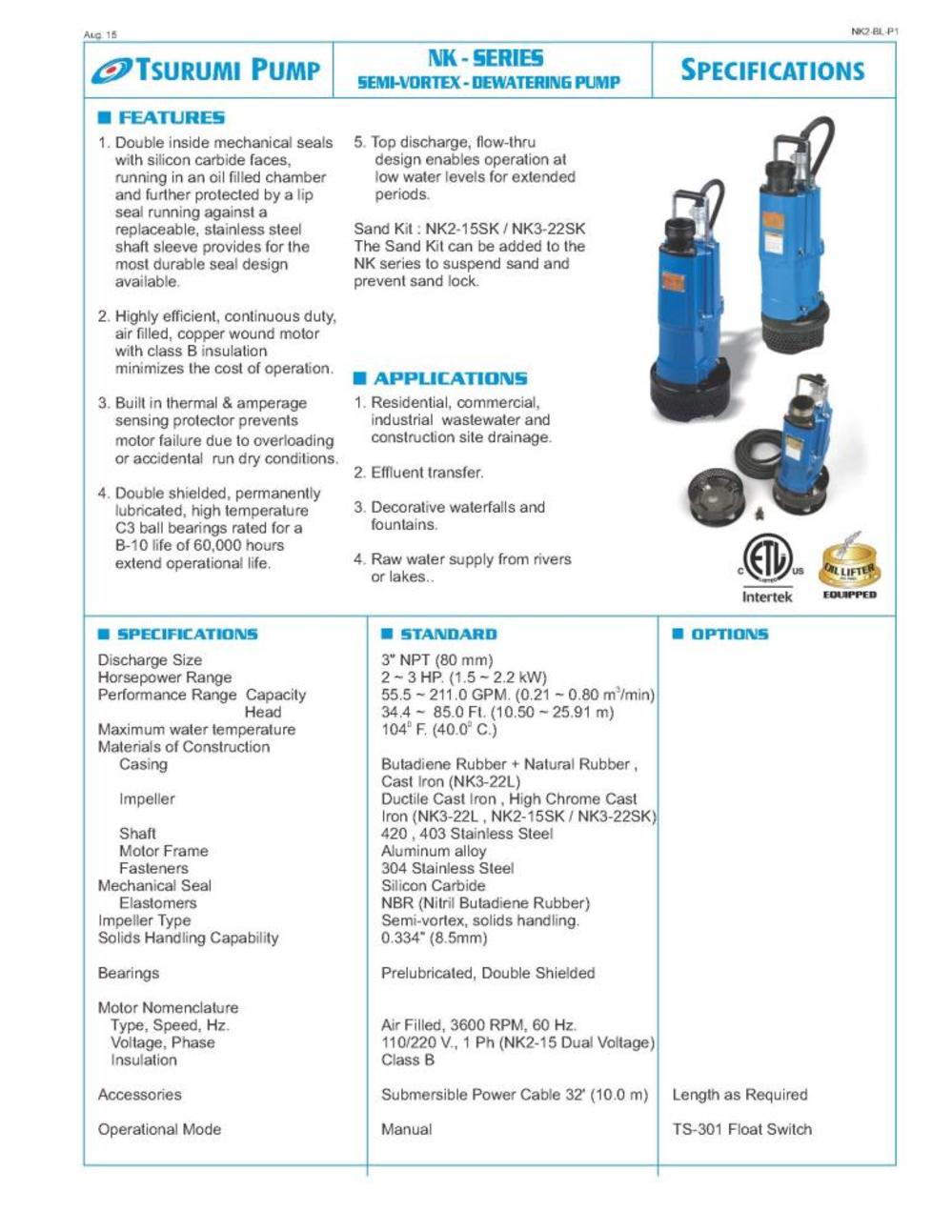 NK2-15 Electric Single Phase Dewatering Pump ;