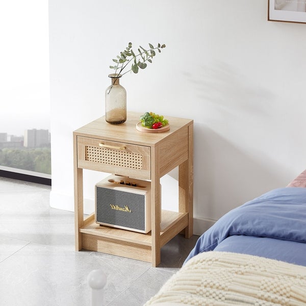 Rectangle MDF Rattan End Table with Drawer Modern Nightstand Side Table - 15.75*15.75