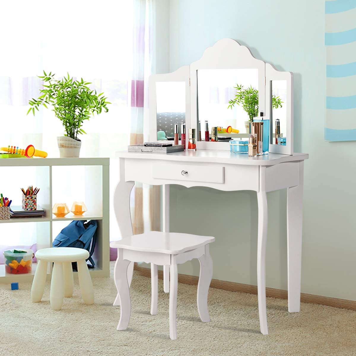 Kids Wooden Vanity Table & Stool Set