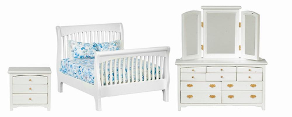 Dolls House White Double Bedroom Furniture Set With Slatted Sleigh Bed 1:12