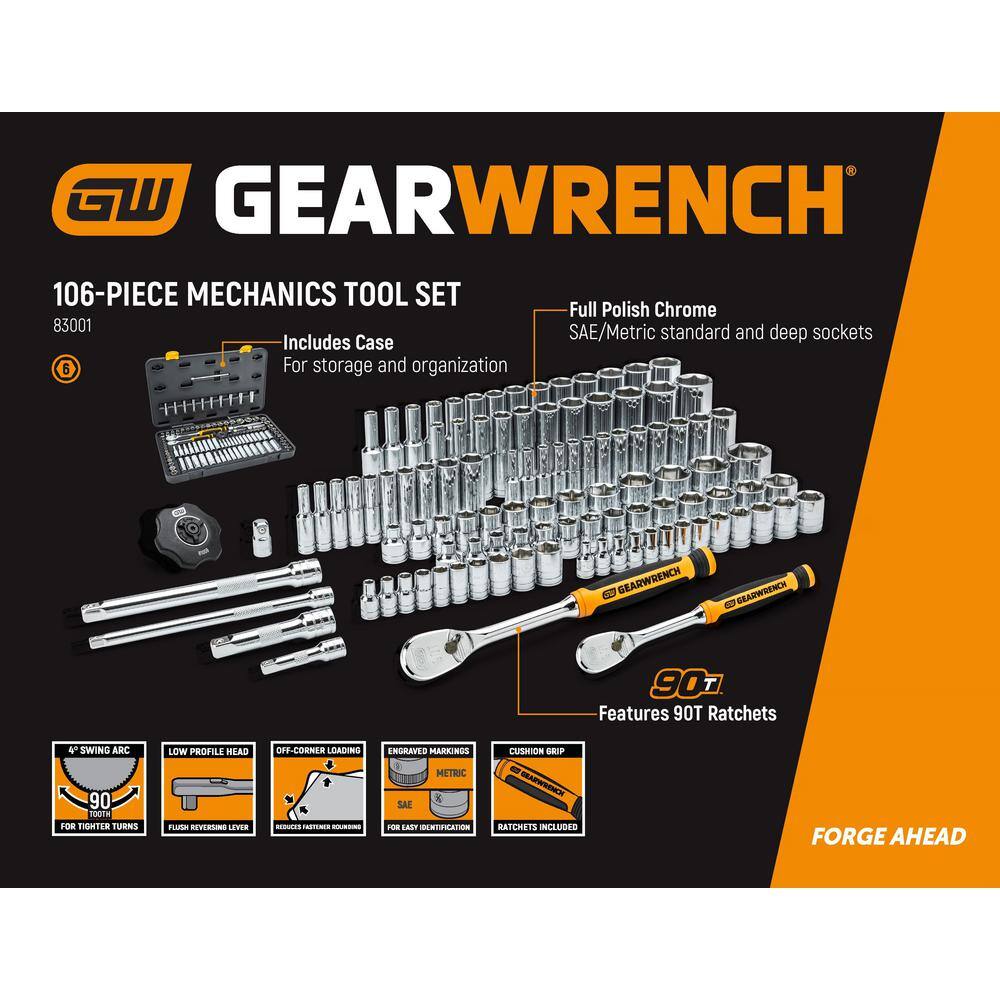 GEARWRENCH 14 in. and 38 in. Drive 6-Point StandardDeep SAEMM 90-Tooth Mechanics Tool Set with Ratcheting Wrenches (124-Piece) 8300186698CB