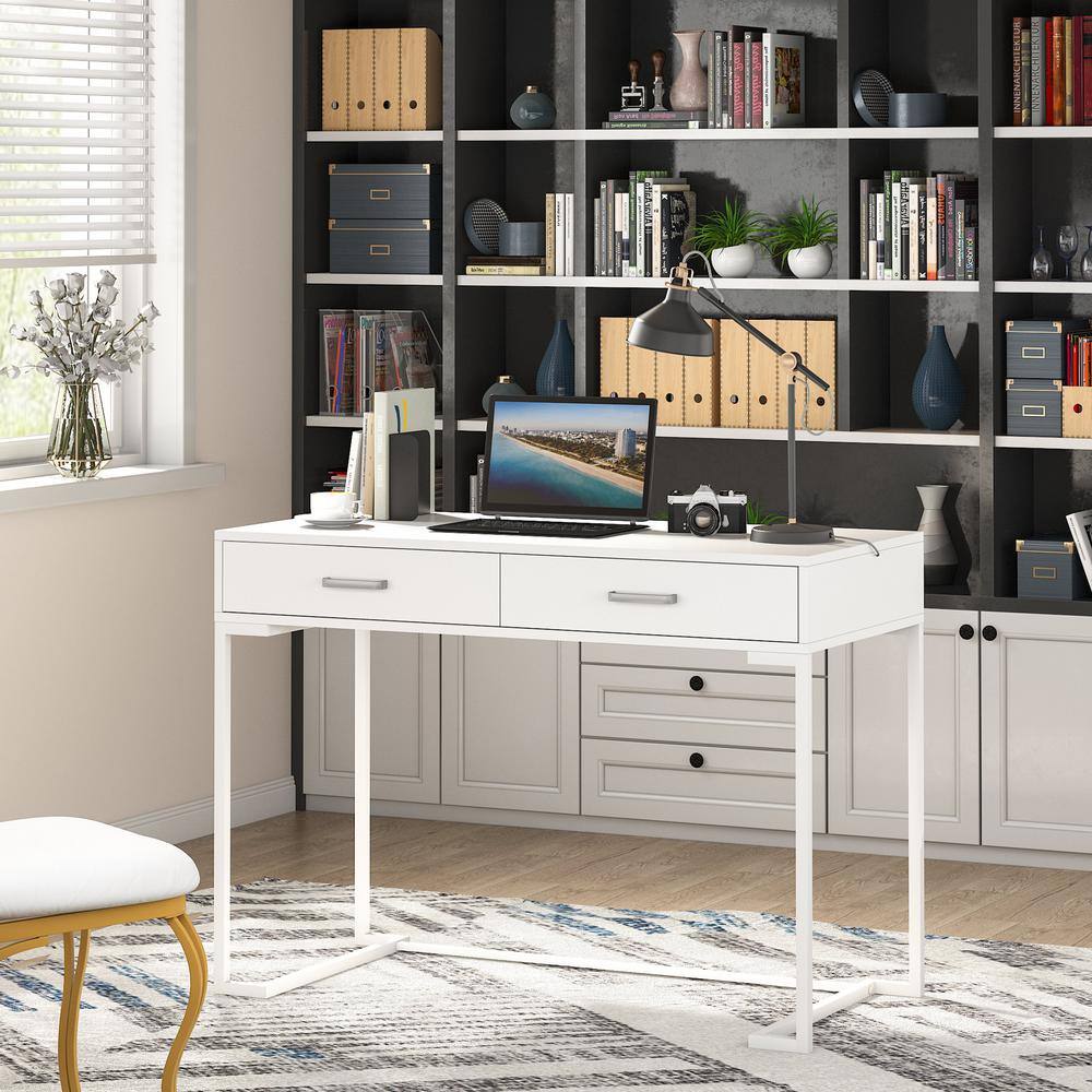 TRIBESIGNS WAY TO ORIGIN Halseey 39.4 in. Rectangle White Wood 2-Drawer Computer Desk HD-M0192